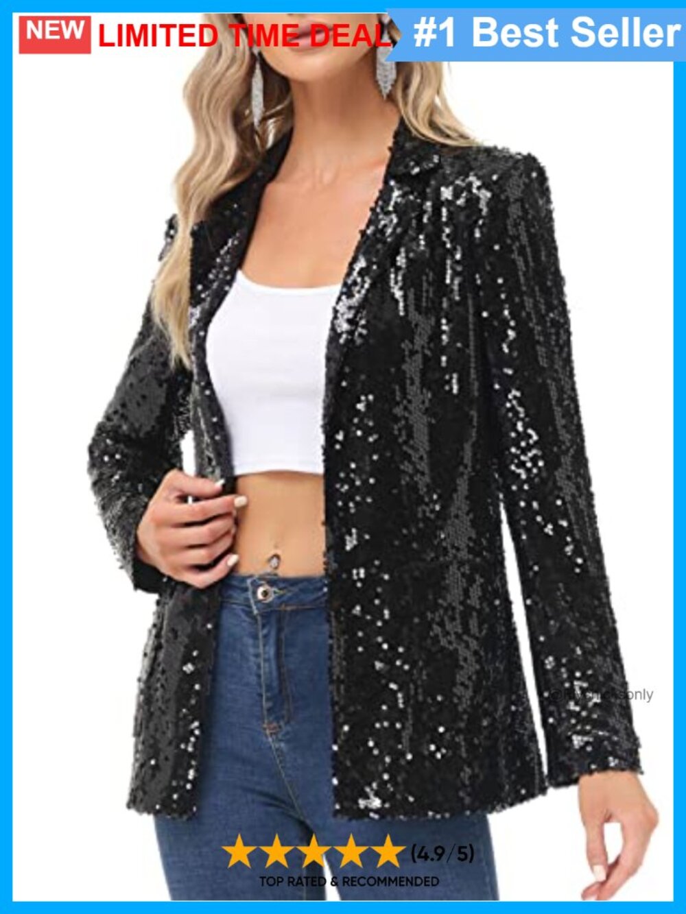 Sequin Open Front Blazer Jacket Long Sleeve Sparkly Cardigan Coat w Pockets